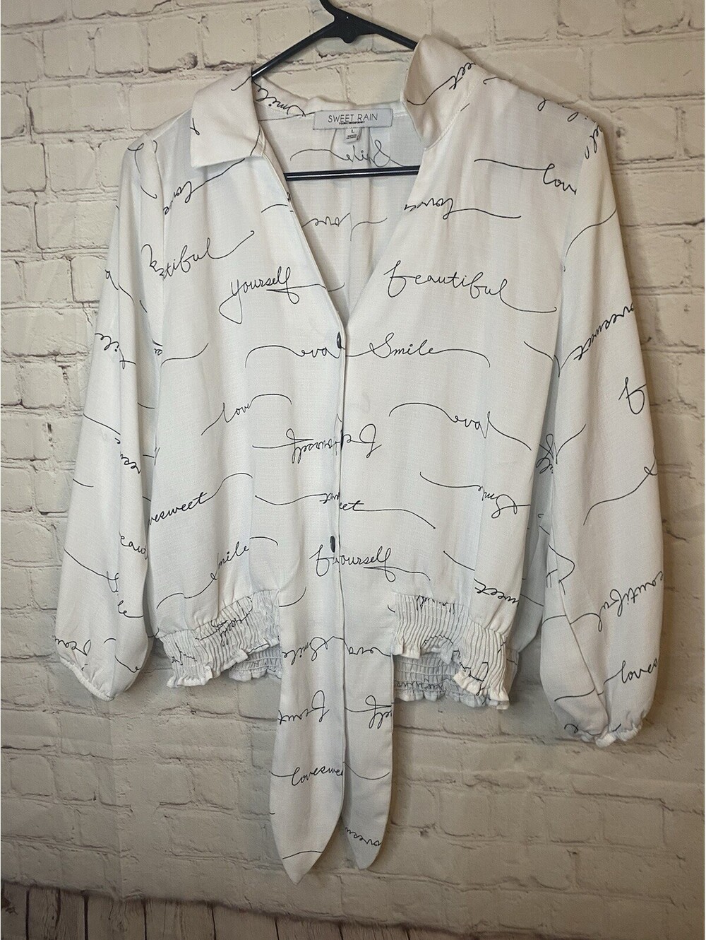 Women Satin Signature 3/4 Sleeve/Button Down Top Large Tie Bottom
